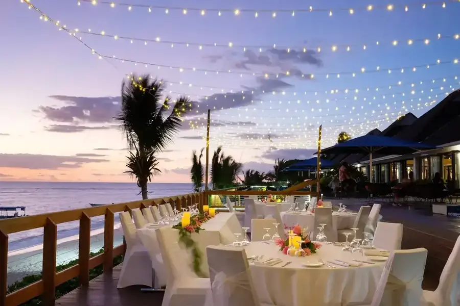 Oceanfront reception venue in Fiji at sunset